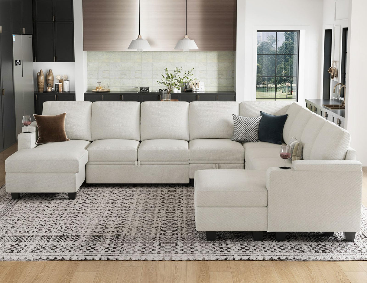 Belffin Oversized Sleeper Sofa U Shaped Modular Sectional Couch with Double Storage Chaise Convertible Sofa Bed. White Couch Belffin