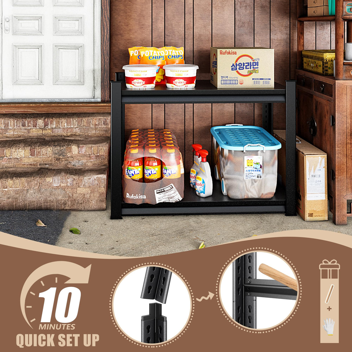 Rufokisa 40" W 2-Tier Garage Shelving Heavy Duty, 1000LBS Loads Garage Storage Shelves, Metal Shelving Units and Storage Racks, Industrial Utility Shelf Heavy Duty,40" Wx16 Dx36 H, Black Rufokisa