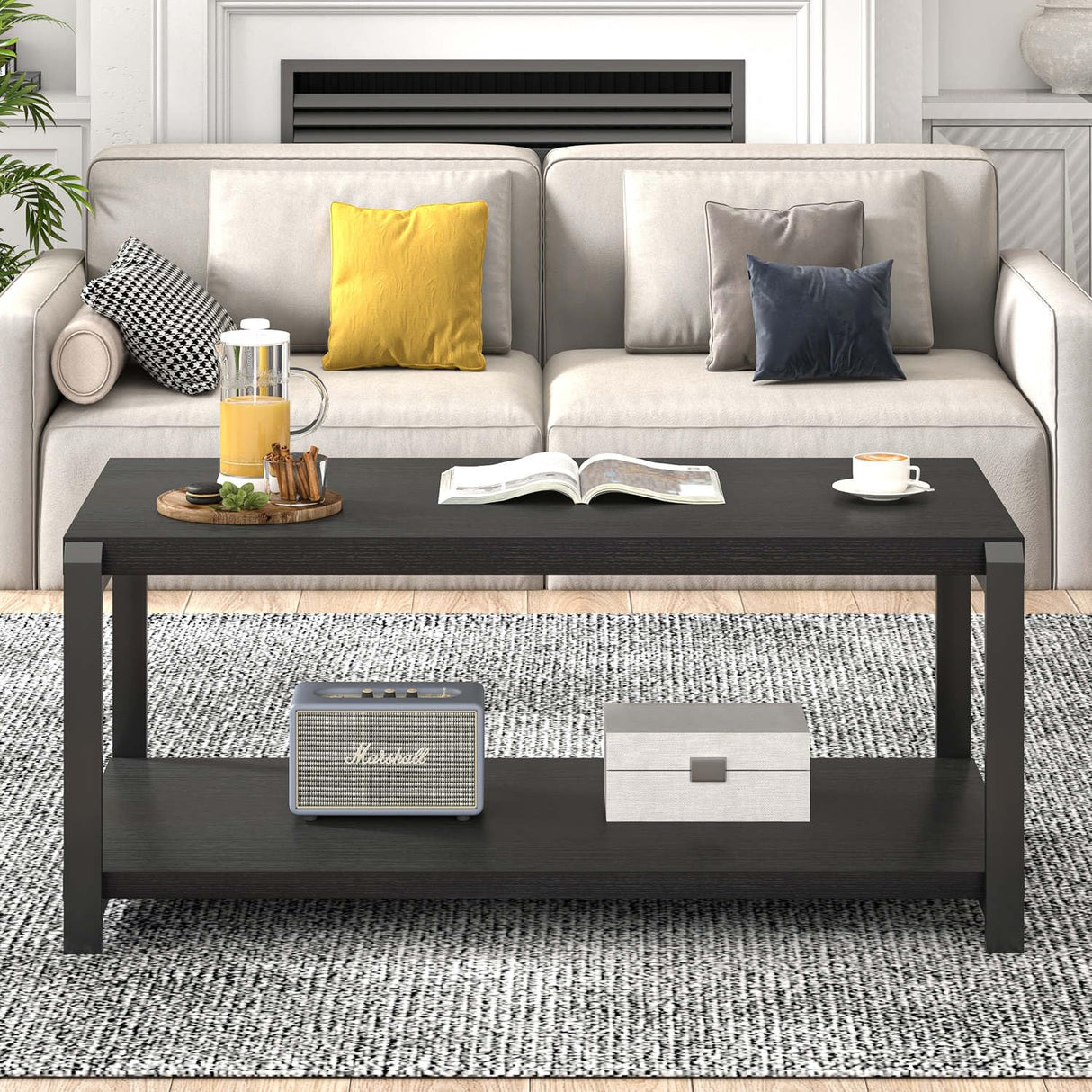 EXCEFUR Black Coffee Table, Modern Rustic Wood Center Table for Living Room, Industrial Rectangle Cocktail Tea Table with Storage Shelf EXCEFUR