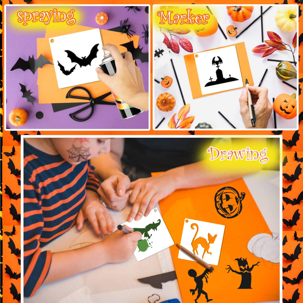 Small Stencils for Painting on Wood Reusable, 3 Inch Reusable Stencil for Craft Ornament Paint Template Stencils for Wall Card Rock Wood Signs Coasters Canvas Home Decor (Halloween) Hosomono