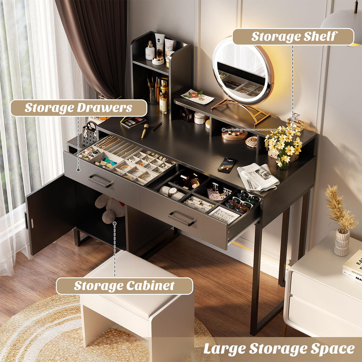 Besiost Vanity Desk, Small Vanity Desk with Power Outlet, Makeup Desk with Drawers and Cabinets, Vanity Set with Storage Shelves for Bedroom, No Mirror, White Besiost