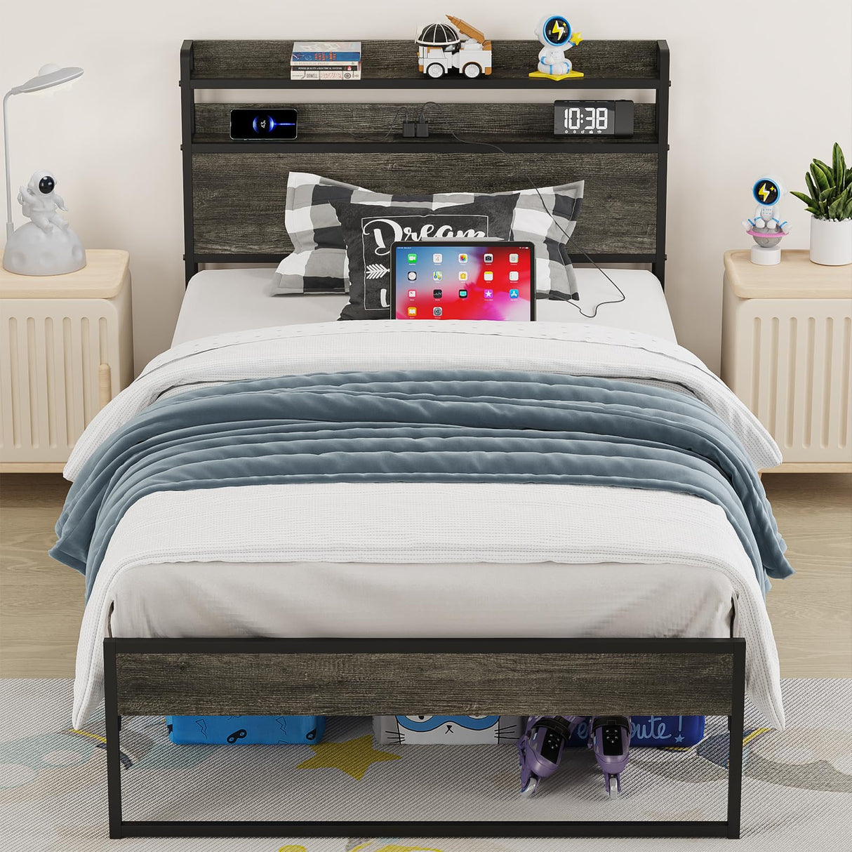 Elephance Twin Bed Frames with Charging Station and Storage Headboard, No Box Spring Needed, Noise Free, Easy Assembly Elephance
