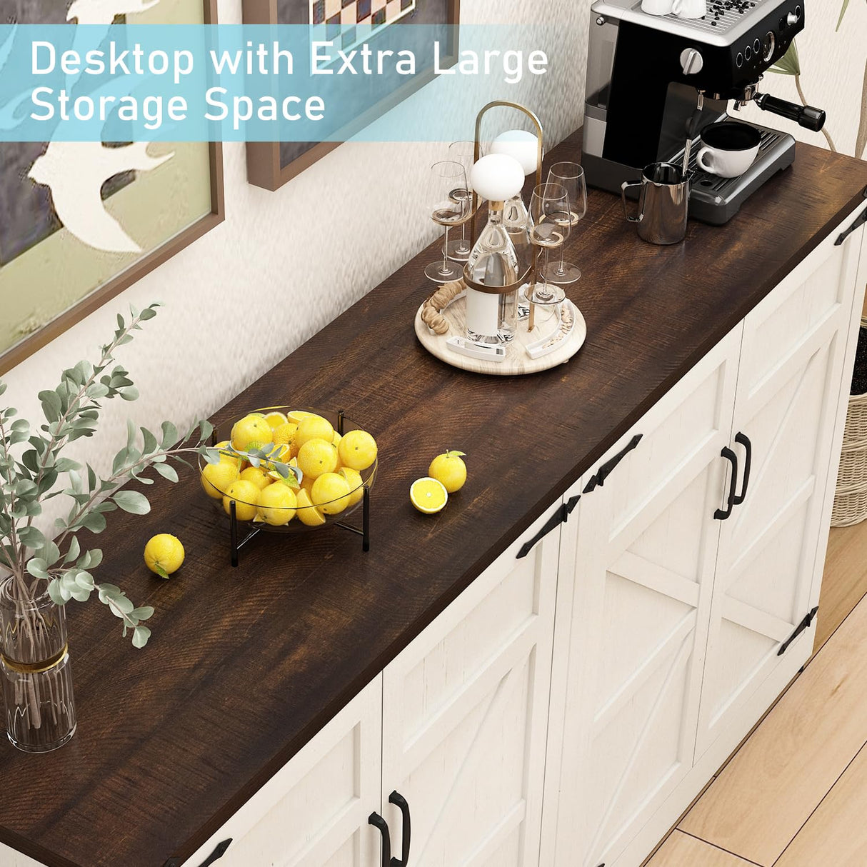 Sideboard Buffet Cabinet with Storage - 65’’ Large Farmhouse Buffet Table Coffee Bar Cabinets, Modern Accent Cabinet with Adjustable Shelf and 4 Doors, for Kitchen, Dining Room, Living Room, White chartustriable