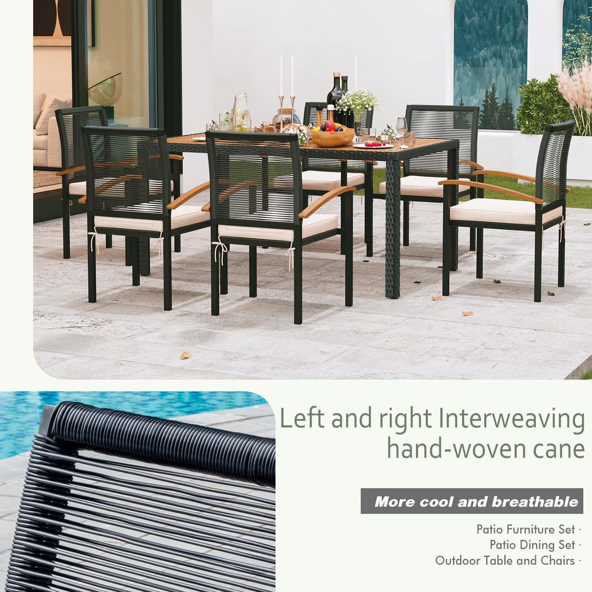 ARTBUSKE 7 Pieces Outdoor Table and Chairs Outdoor Patio Furniture Set Wicker Patio Dining Sets for 6 Patio Table and Chairs Set Outdoor Furniture Set for Garden Yard Porch Poolside ARTBUSKE