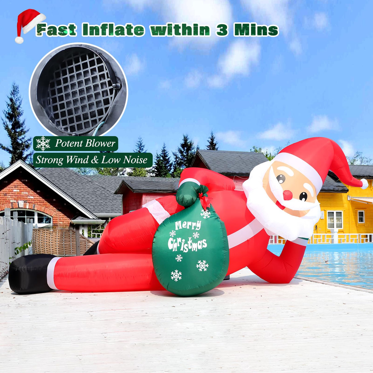 12 FT Giant Christmas Inflatables Santa Claus Outdoor Decorations, Huge Blow up Lying Santa Claus with Gift Bag Yard Decor, Built-in Brilliant LED Lights for Yard Lawn Garden Holiday Party FunFanso