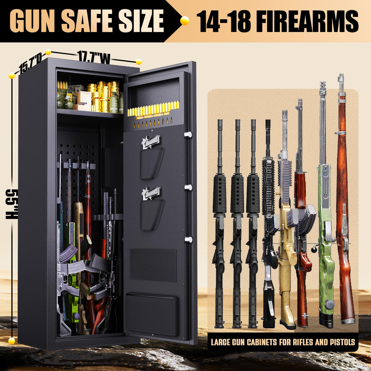 LBVSKK 14-18 Gun Safe,Gun Safe for Rifles and Pistols, Biometric Fingerprint Large Gun Cabinet Rifle Safes for Home, Adjustable Rack,Silent Mode LBVSKK