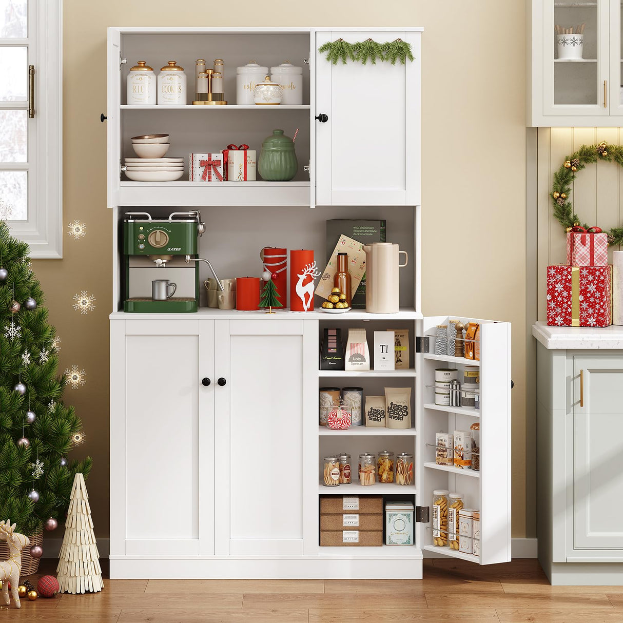 ONBRILL 71" Tall Kitchen Pantry Storage Cabinet with Microwave Stand & Door Shelf, Freestanding Kitchen Hutch with 6 Doors and Adjustable Shelves, Modern Food Pantry for Kitchen, Dining Room, White ONBRILL