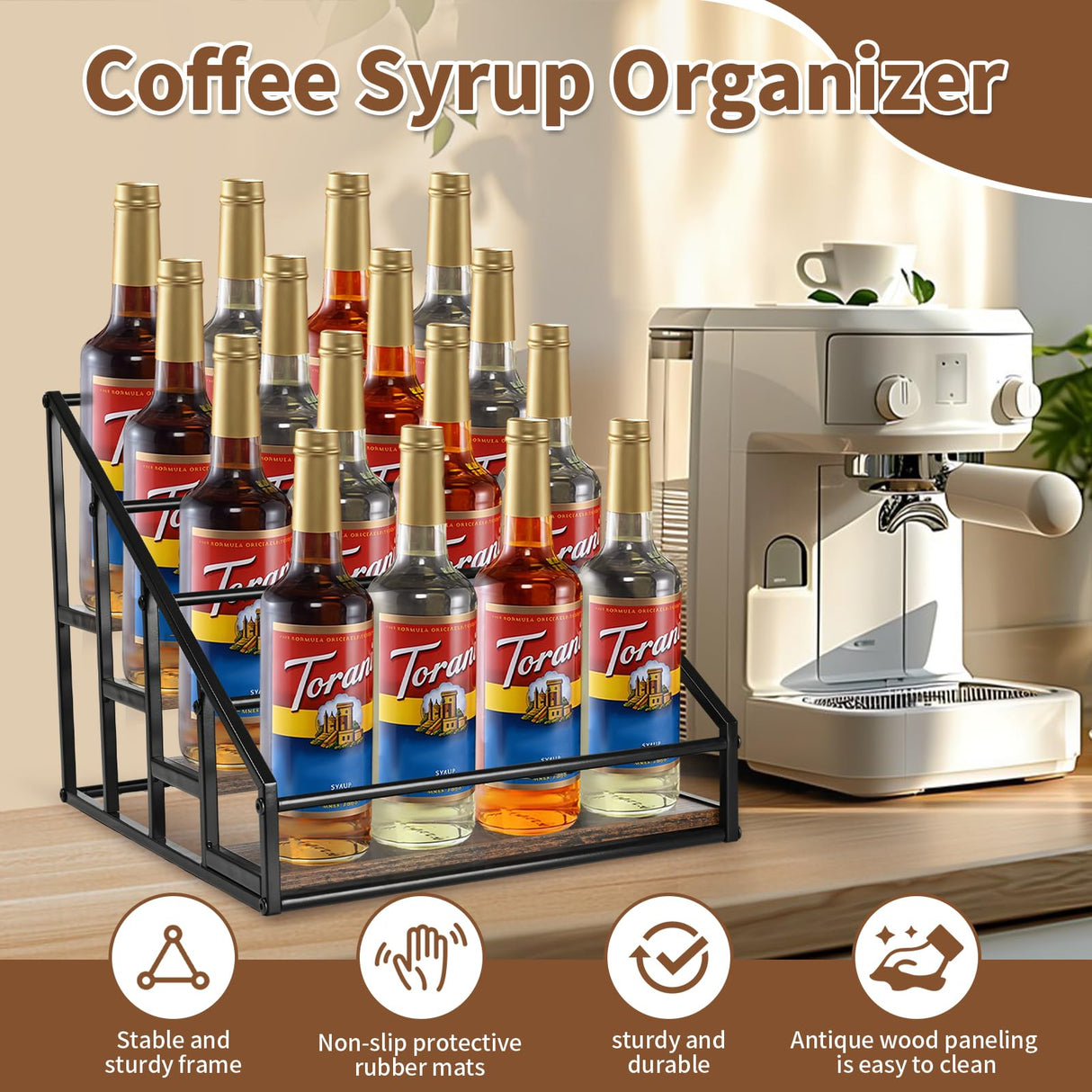 Coffee Syrup Organizer Rack, Liquor Bottle Display Shelf, Spice Racks, 4-Tier 16 Syrup Bottles Holder Stand for Coffee Bar Kitchen Small Wine Rack for Bar Family Storage for Syrup Wine Dressing YQBRAO