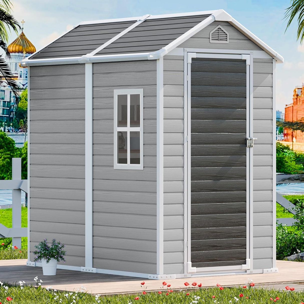 CDCASA 6x4 FT Outdoor Storage Shed, Waterproof Resin Shed with Floor & Lockable Door & Window & Vents, Plastic Tool Shed for Outside, Patio, Poolside, Dove Grey CDCASA