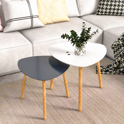 Bambloom Bamboo Nesting Coffee Tables - Small Coffee Table for Living Room, Set of 2 Triangle End Table Modern Side Table for Bedroom Apartment Balcony Yard Small Spaces, (White & Gray)