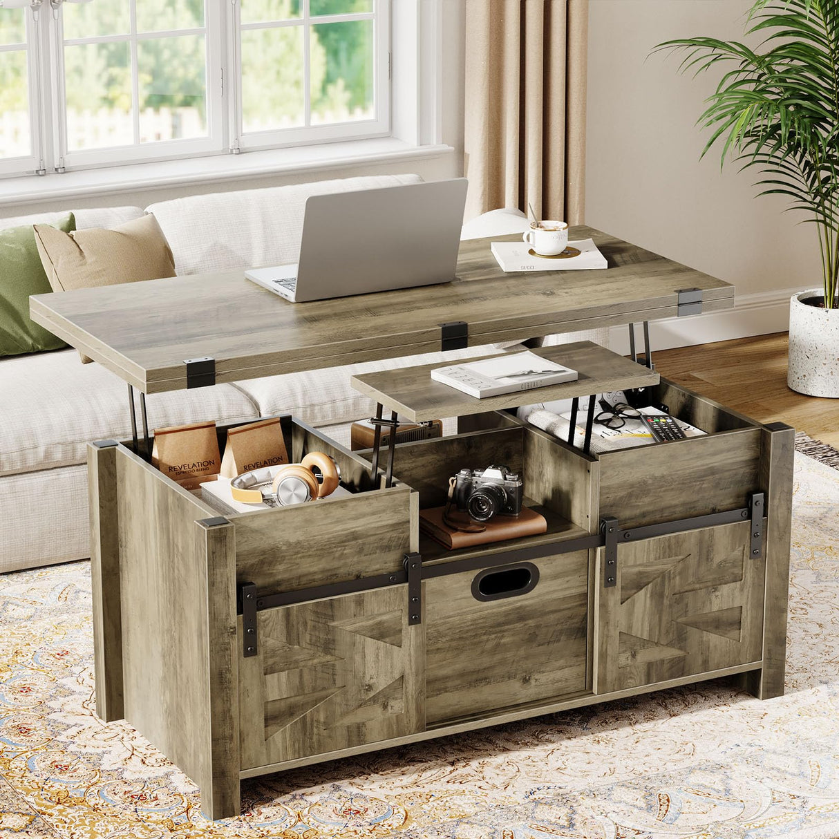 Memobarco 40" Farmhouse Lift Top Coffee Table with Sliding Barn Door,4 in 1 Multi-Function Coffee Tables with Storage Drawers & Hidden Compartment,Converts to Dining Table for Living Room,Grey Memobarco