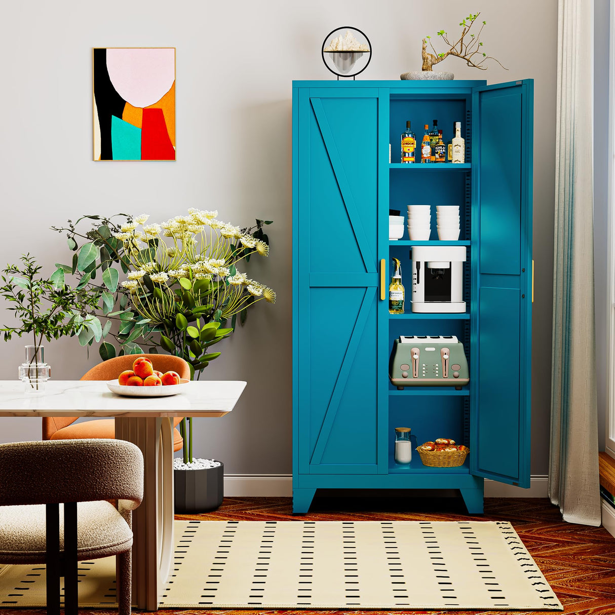 Boegica 71" Tall Metal Farmhouse Kitchen Pantry,Barn Doors Pantry Cabinet with Adjustable Shelves,Farmhouse Storage Cabinet,Modern Cupboard for Kitchen,Dining Room,Living Room,Bathroom,Blue Boegica