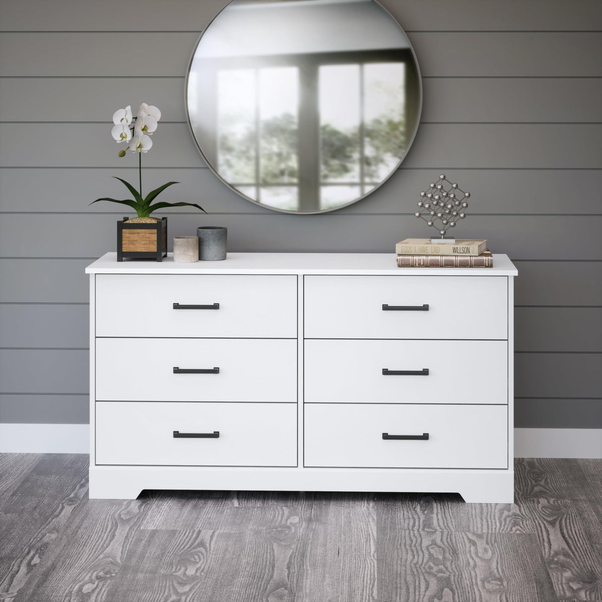 Prepac Rustic Ridge Farmhouse 6-Drawer Double Dresser, White Dresser for Bedroom, Chest of Drawers with 6 Storage Drawers, 53.25” wide x 18.25” deep x 28.5” tall, White Prepac