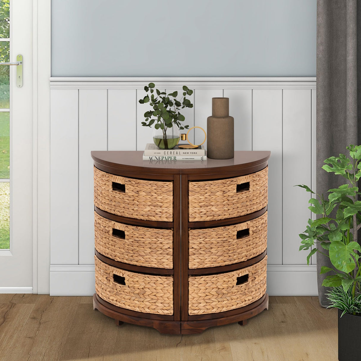 Hampton Meadows 3 Tier X-Side Corner Table Storage Cabinet with 3 Wicker Baskets, Walnut eHemco