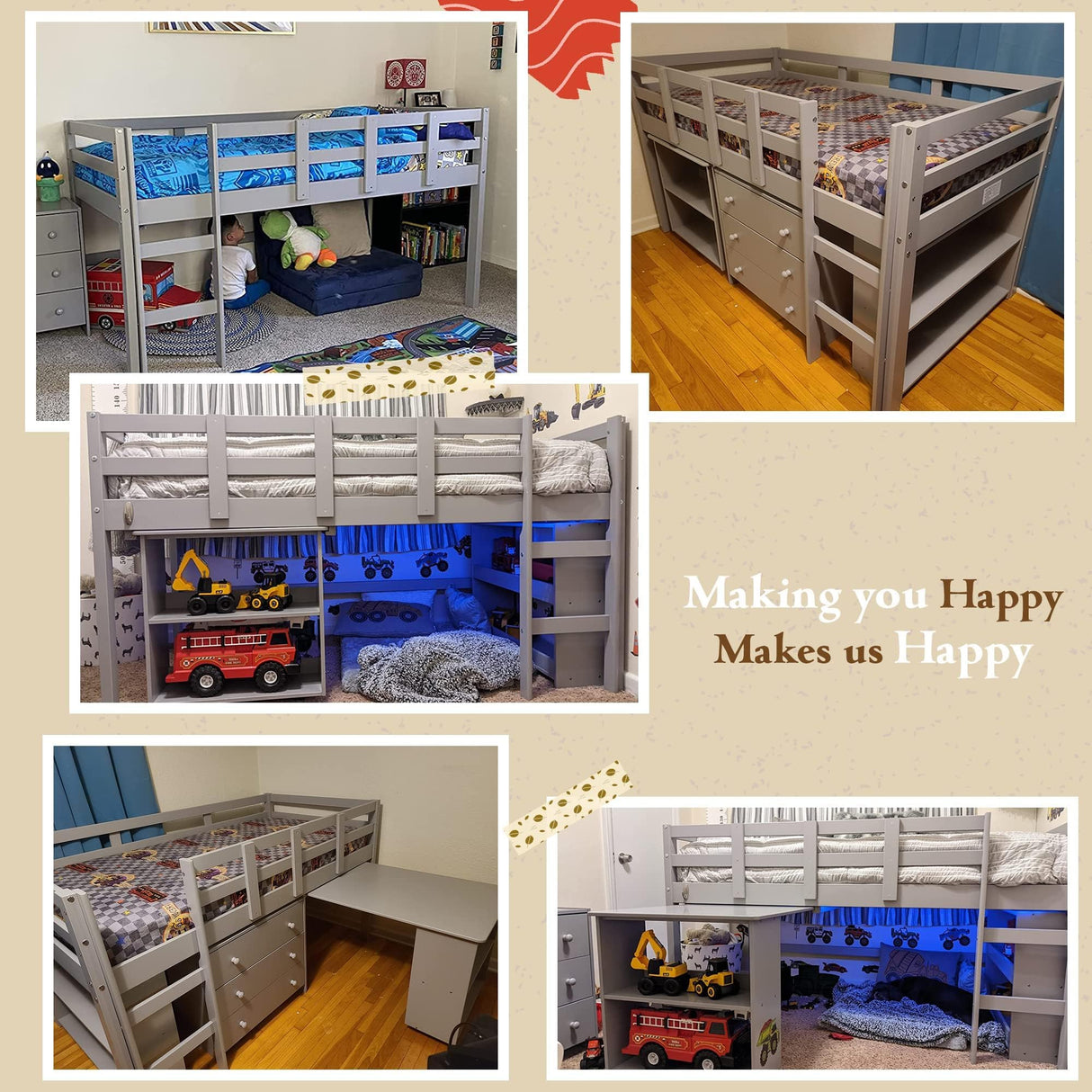 Naomi Home Low Loft Bed Twin Loft Bed with Desk and Storage Kids Beds for Boy Solid Pine Wood Toddler Loft Bed with Storage, Ladder Storage Guard Rails, No Box Spring Needed, Loft Bed Gray Naomi Home