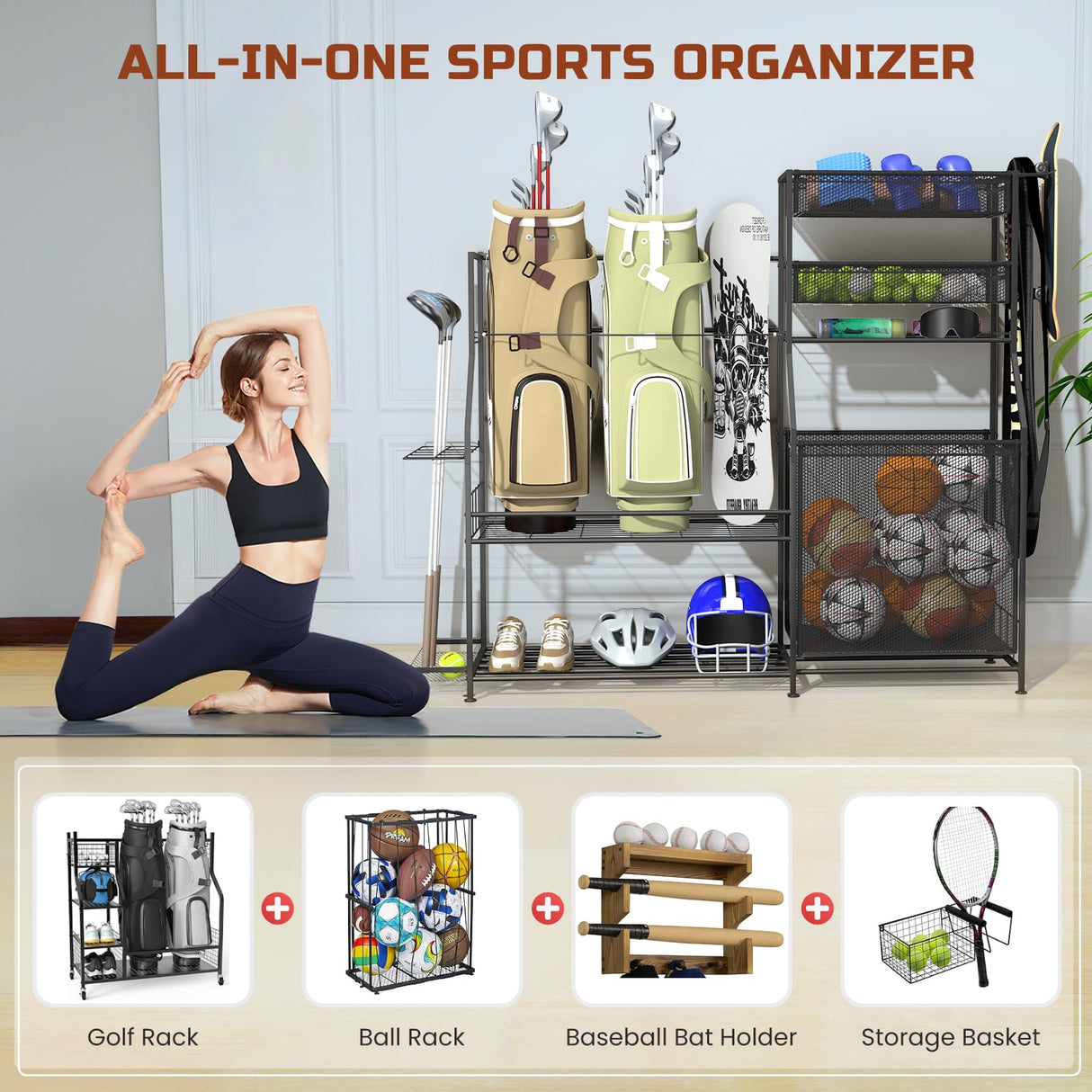 Homiesetify Garage Sports Equipment Organizer, 3 Golf Bag Organizer Stand Heavy-Duty Ball Storage Rack with Basket and Hooks, Ball Storage Cart for Toy Sports Gear Storage, Black (Large) Homiesetify