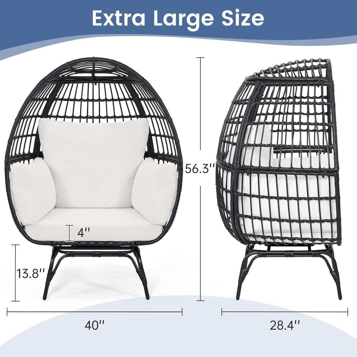 Murago Oversized 360 Swivel Rattan Egg Chair for Adult, Indoor Outdoor Patio Large Wicker Egg Chair with overstuffed Cushions, 440lb Weight Capacity, Black Rattan with Beige Cushion Murago