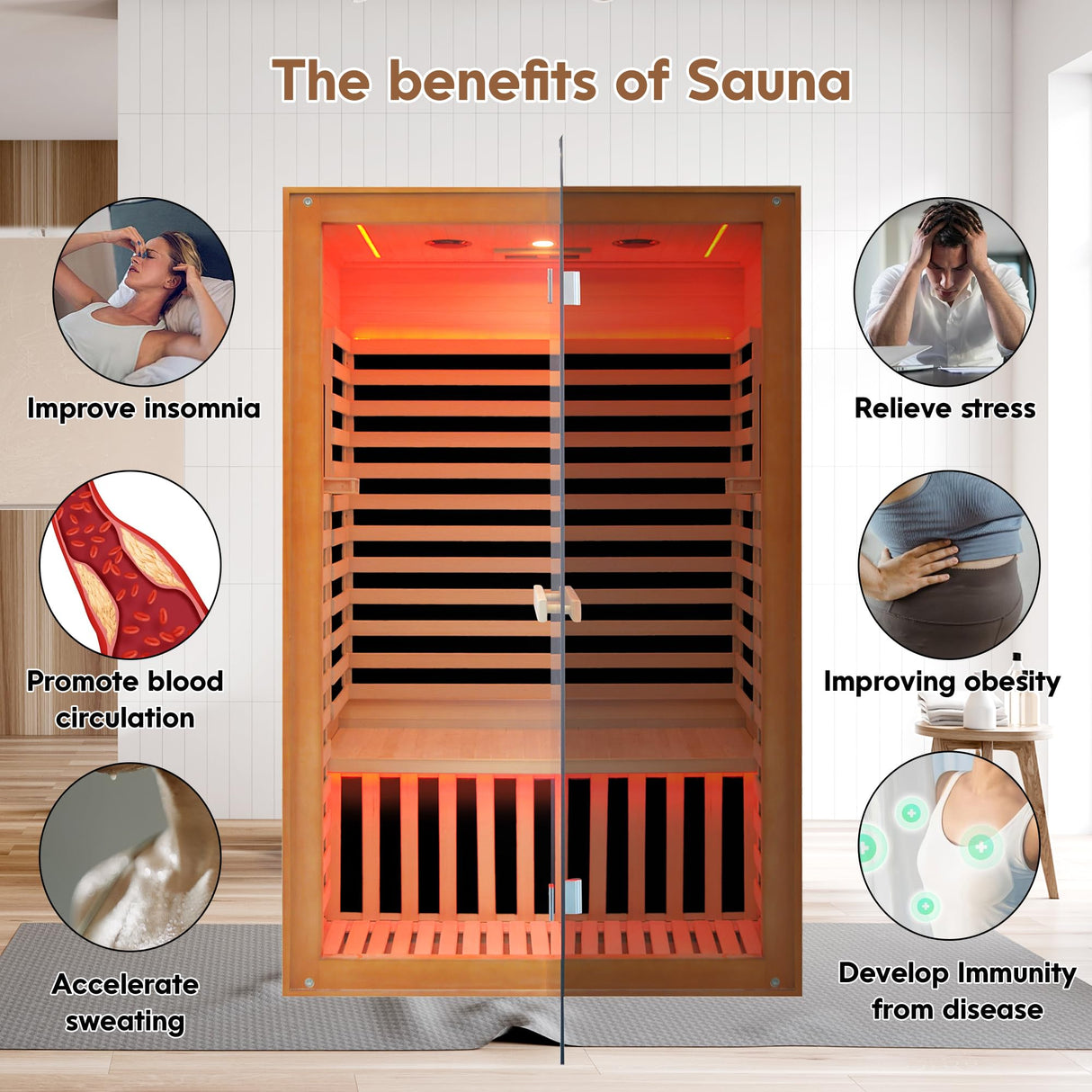 Efficraft Infrared Home Sauna Room 2 Person Hemlock Wooden Indoor Dry Sauna with Bluetooth Speakers & Red Light 1950W LCD Control Panel Temp and Time Pre-Set,1-Year Aftersale Efficraft