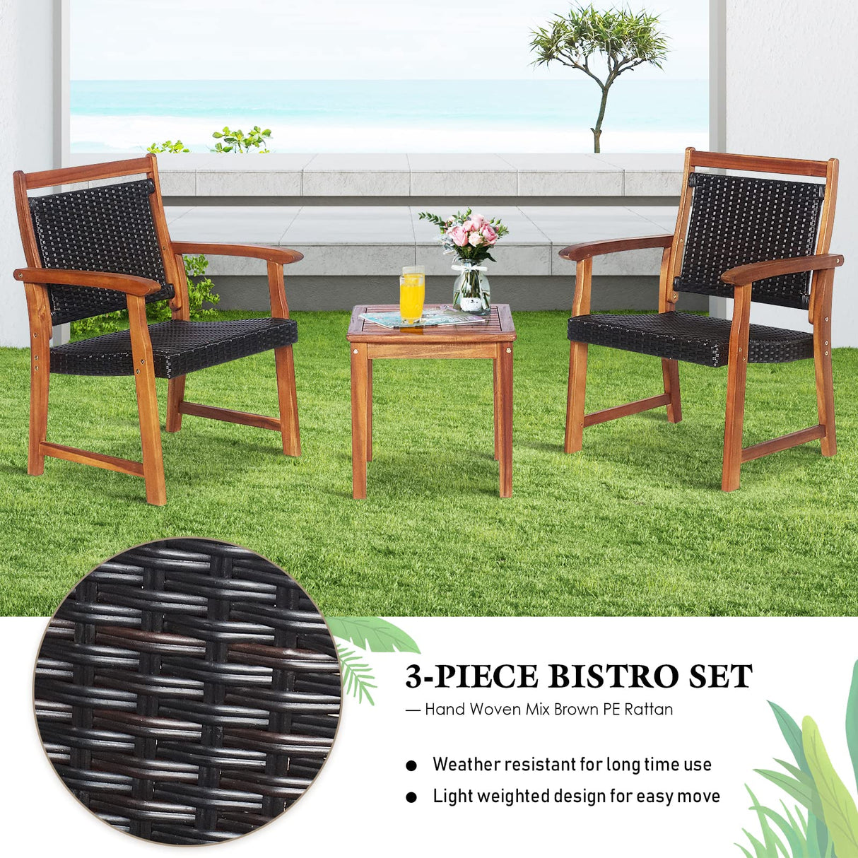 Tangkula 3-Piece Patio Acacia Wood Bistro Set, Patiojoy Outdoor Furniture Set with 2 Chairs & 1 Side Table, Weather Resistant Rattan Garden Conversation Chair Set for Pool Side, Deck, Balcony Tangkula