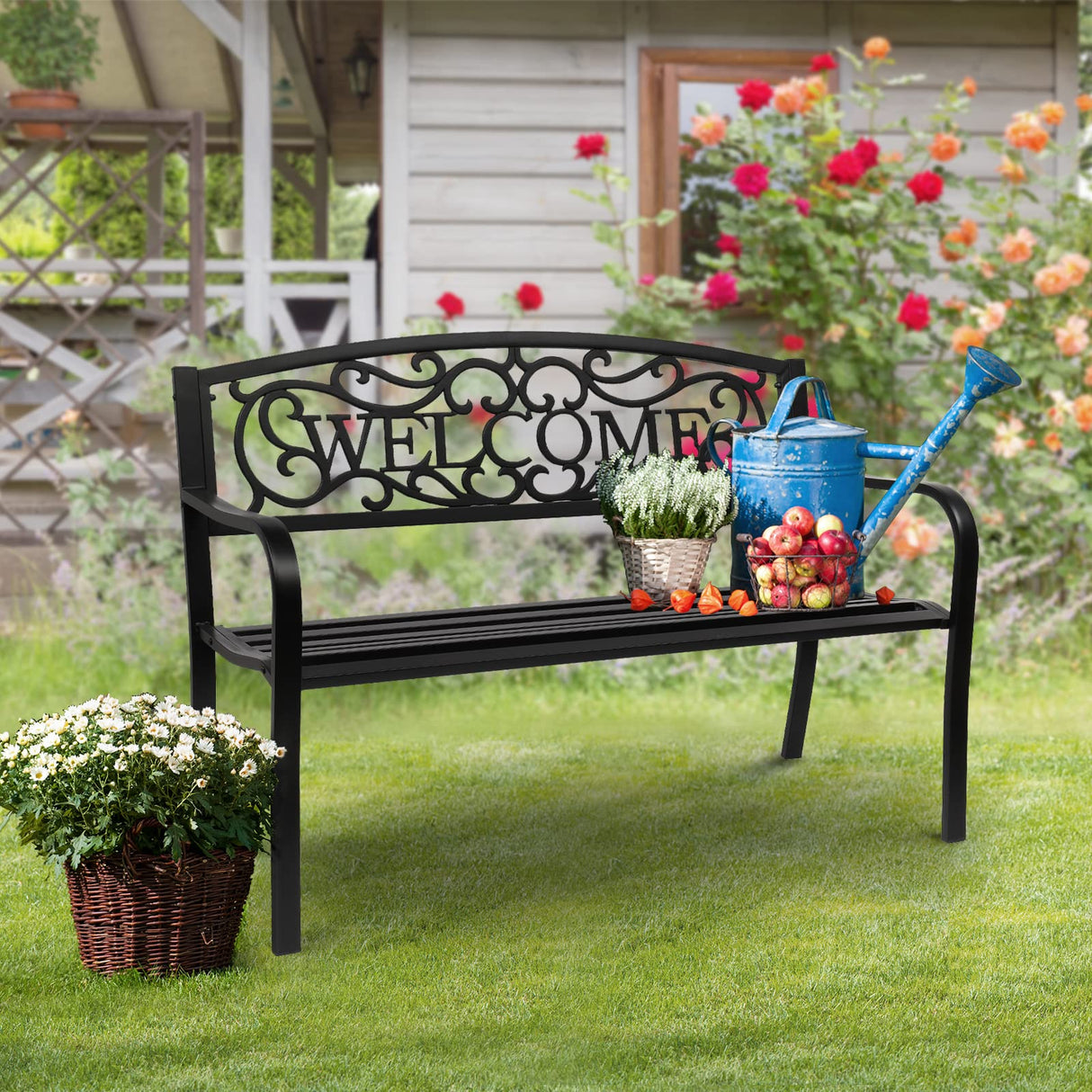 VINGLI Outdoor Bench with PVC Back Pattern, Metal Garden Bench Black Steel Welcome Bench for Patio, Porch, Deck, Yard, Lawn Decor Entryway VINGLI