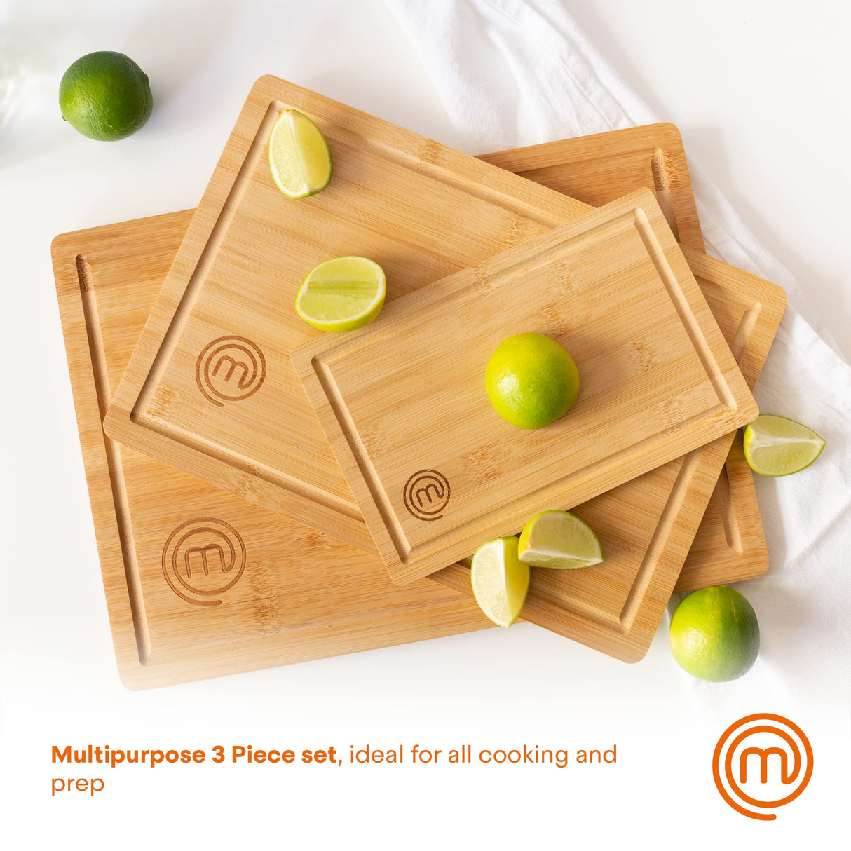 MasterChef Cutting Boards for Kitchen, Bamboo Chopping Board Set of 3, Organic Food Safe Surfaces for Preparing & Serving Meat, Cheese etc, Large, MasterChef