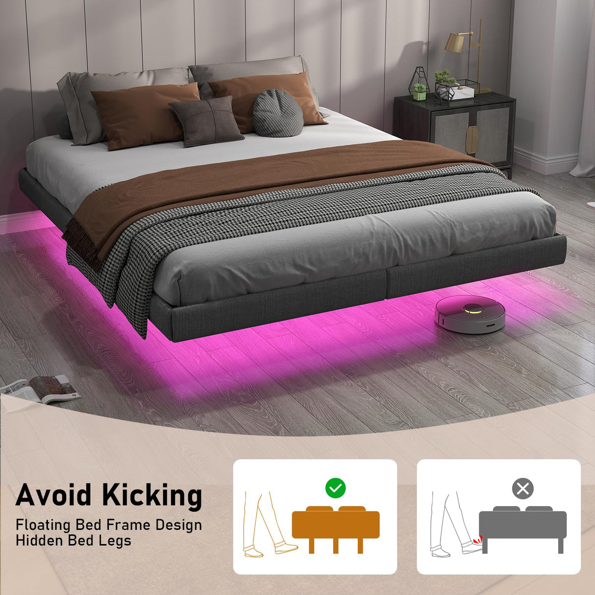 RVONOW King Size Floating Bed Frame with LED Lights and Under Bed Storage - Metal Platform Design, Noise-Free Assembly RVONOW