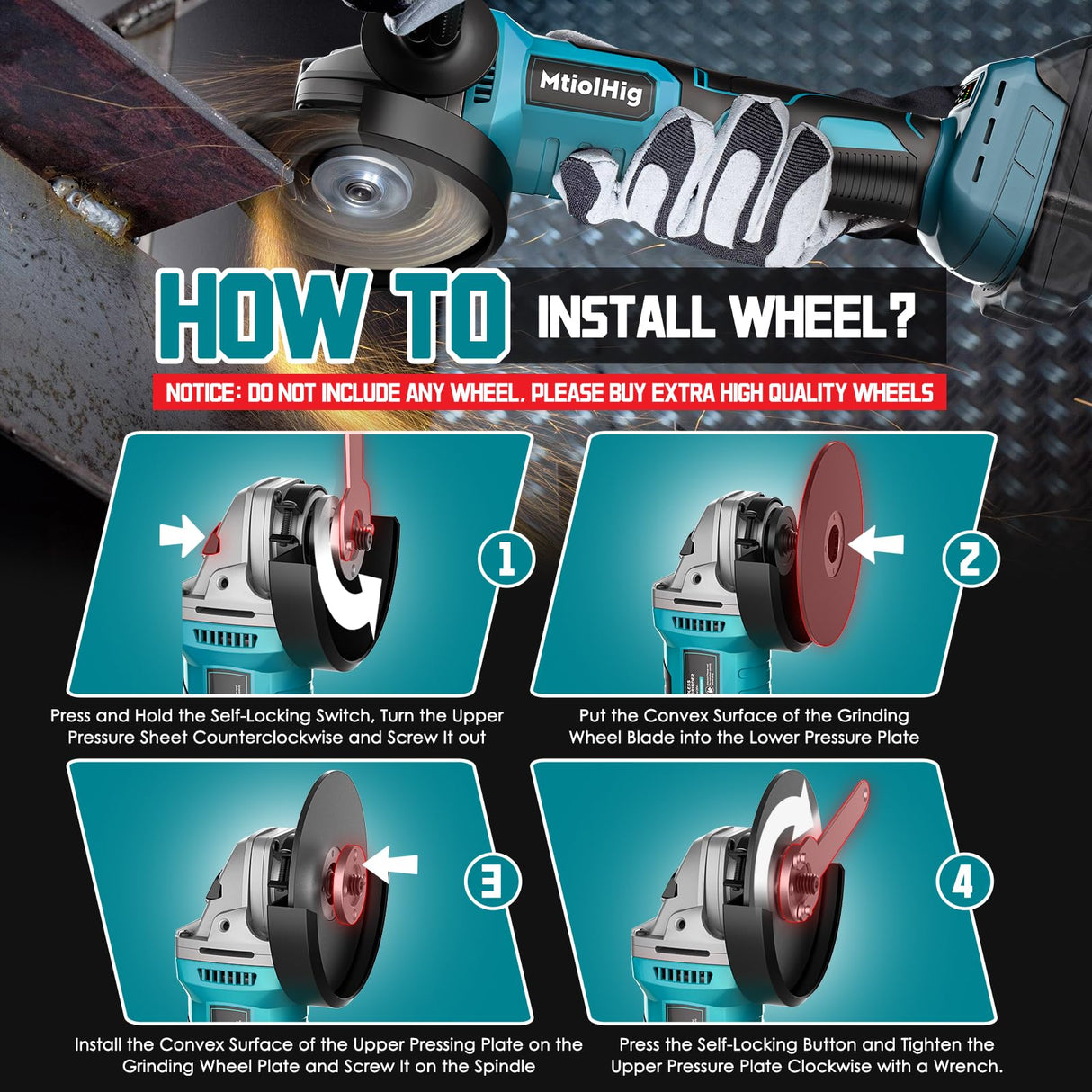 Cordless Angle Grinder for Makita 18v Battery: 8500RPM Brushless Grinder Tool- 5/8''-11 Spindle Small Angle Grinder for 4-1/2'' Wheels, 3 Variable Speed Settings for Cutting, Grinding, Bare Tool MtiolHig
