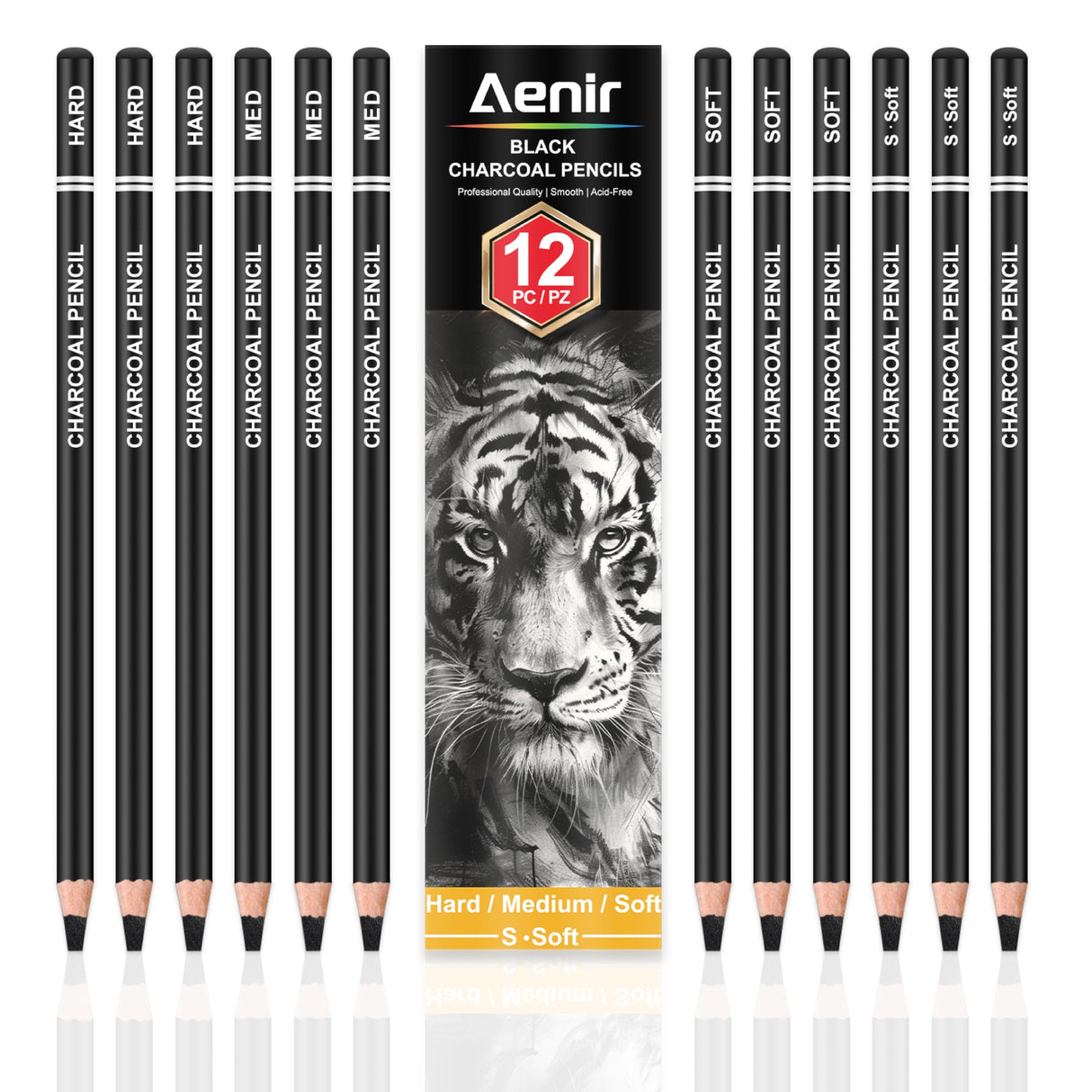 Charcoal Pencils for drawing, Set of 12, Charcoal Drawing Pencils (S-Soft, Soft, Medium, Hard), Art Supplies for Artist, Sketching, Shading Aenir