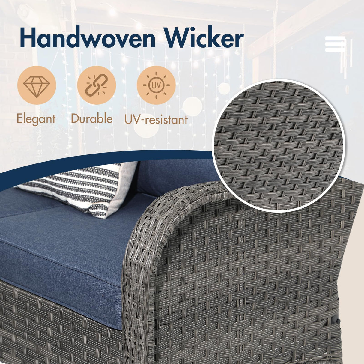 SUNSITT Outdoor Furniture Set with Fire Pit Table Wicker Patio Conversation Set 9-Piece Patio Sectional Furniture Set with Gas Firepit with Swivel Patio Chair Grey Wicker & Denim Blue Cushion SUNSITT