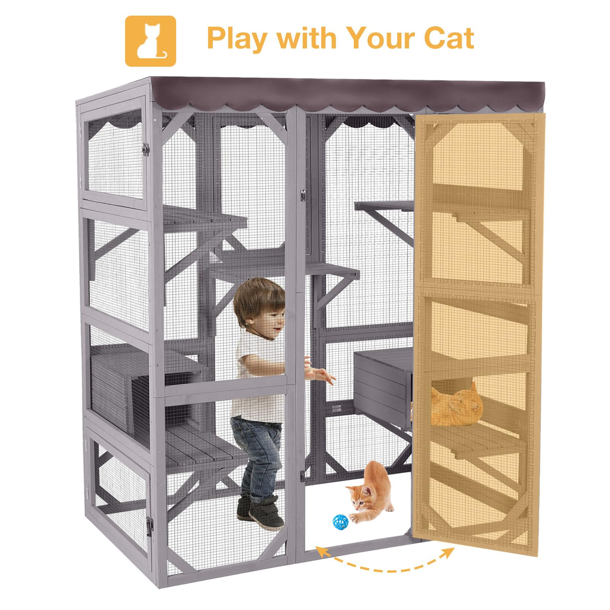 Wooden Catio Outdoor Cat Enclosure,Large Luxury Kitty-House with 7 Jumping Platforms & Weatherproof Asphalt Roof,Walk-in Kitty Kennel Condo Shelter and 2 Napping Houses (Grey, Large) Suumerpety