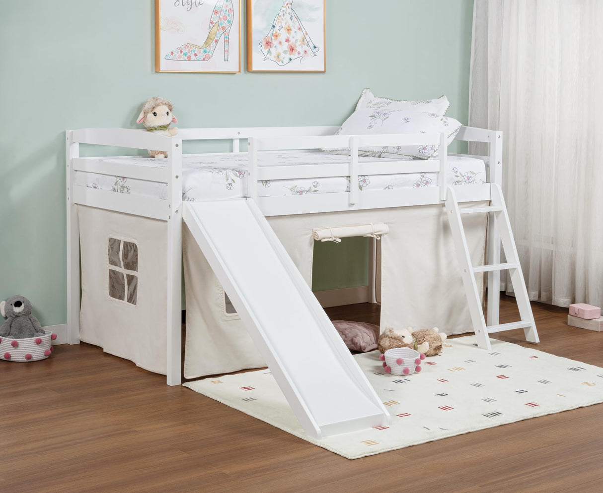 Spirich Kids Loft Bed with Slide and Ladder, Solid Wood Twin Loft Bed Frames with Bed Tent, Low Loft Bed with Guardrails, No Box Spring Needed, White Spirich