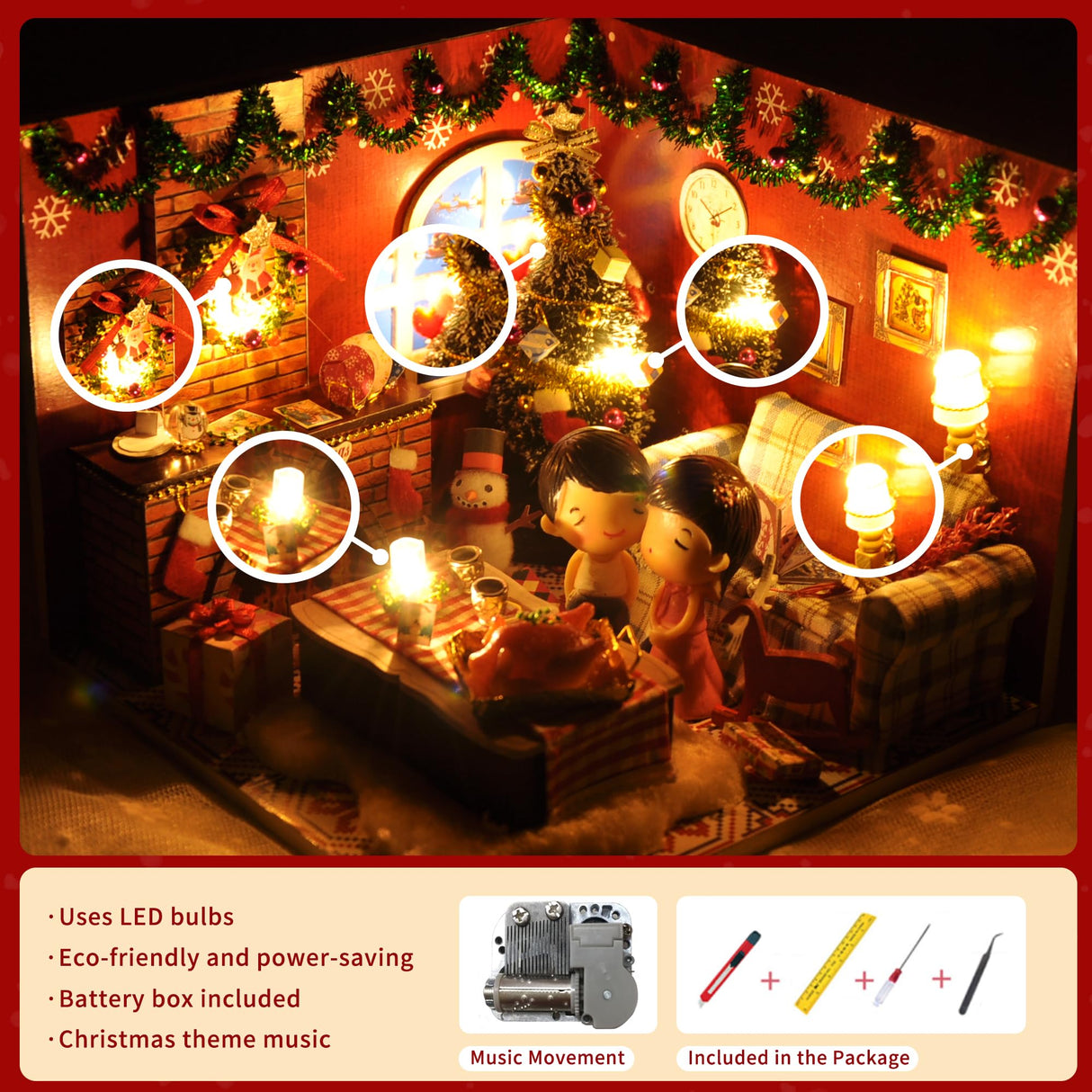 Flever Dollhouse Miniature DIY House Kit Creative Room with Furniture and Glass Cover for Romantic Artwork Gift(Christmas Eve) Flever