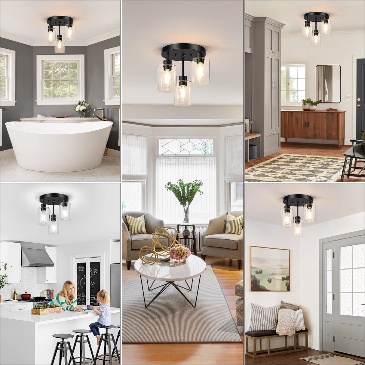 Feanron Farmhouse Flush Mount Ceiling Light, Black 3-Light Hallway Light Fixtures Ceiling with Clear Glass Shades, Light Fixtures Ceiling Mount for Kitchen Living Room Foyer, E26 Base Feanron