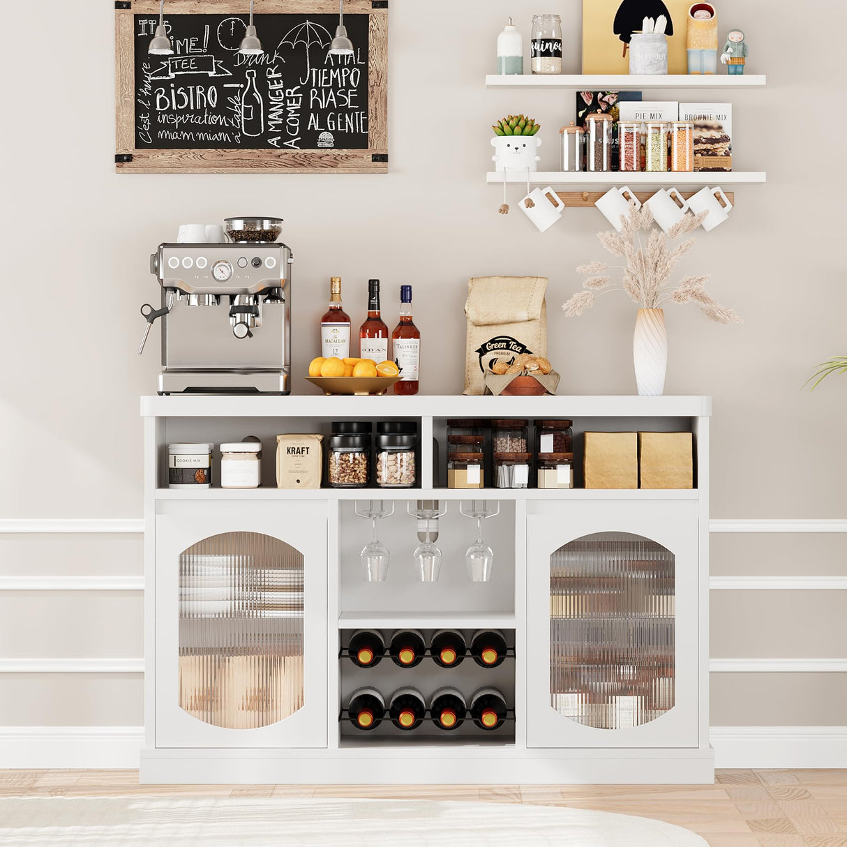 Wine Bar Cabinet with LED Light - 47" Liquor Storage Cabinet with Wine Rack and Glass Hanger Coffee Bar Cabinet with Adjustable Shelves Bar Cabinet with Glass Doors for Kitchen Dining Living Room ElfinAura