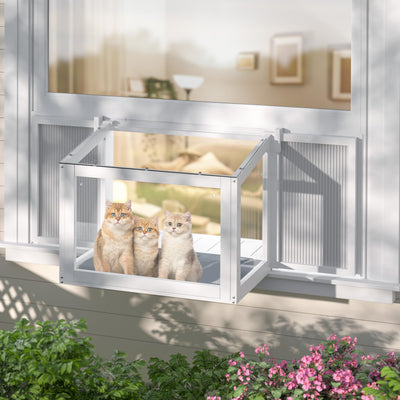 Yardenaler Cat Window Box, Adjustable Window Cat Perch Catio, Wooden Window Catio for Indoor Cats, Fits Vertical Window Frames 26" to 42" Wide, Sunbathing, Napping, Overlooking, White