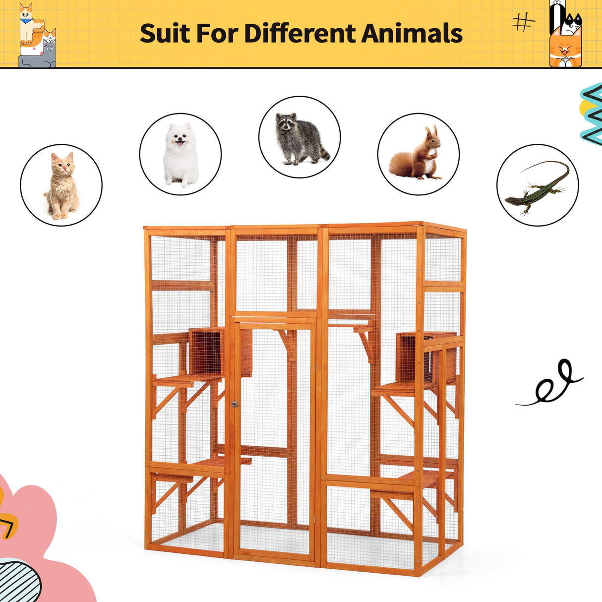 COZIWOW 70" Wooden Extra Large Outdoor Cat Cage Catio with Perche&Condo, Assembled Play Run Cat Enclosure Indoor Kitty Window Kennel with Waterproof Roof, 7 Platforms & 2 Resting Box(Orange) COZIWOW