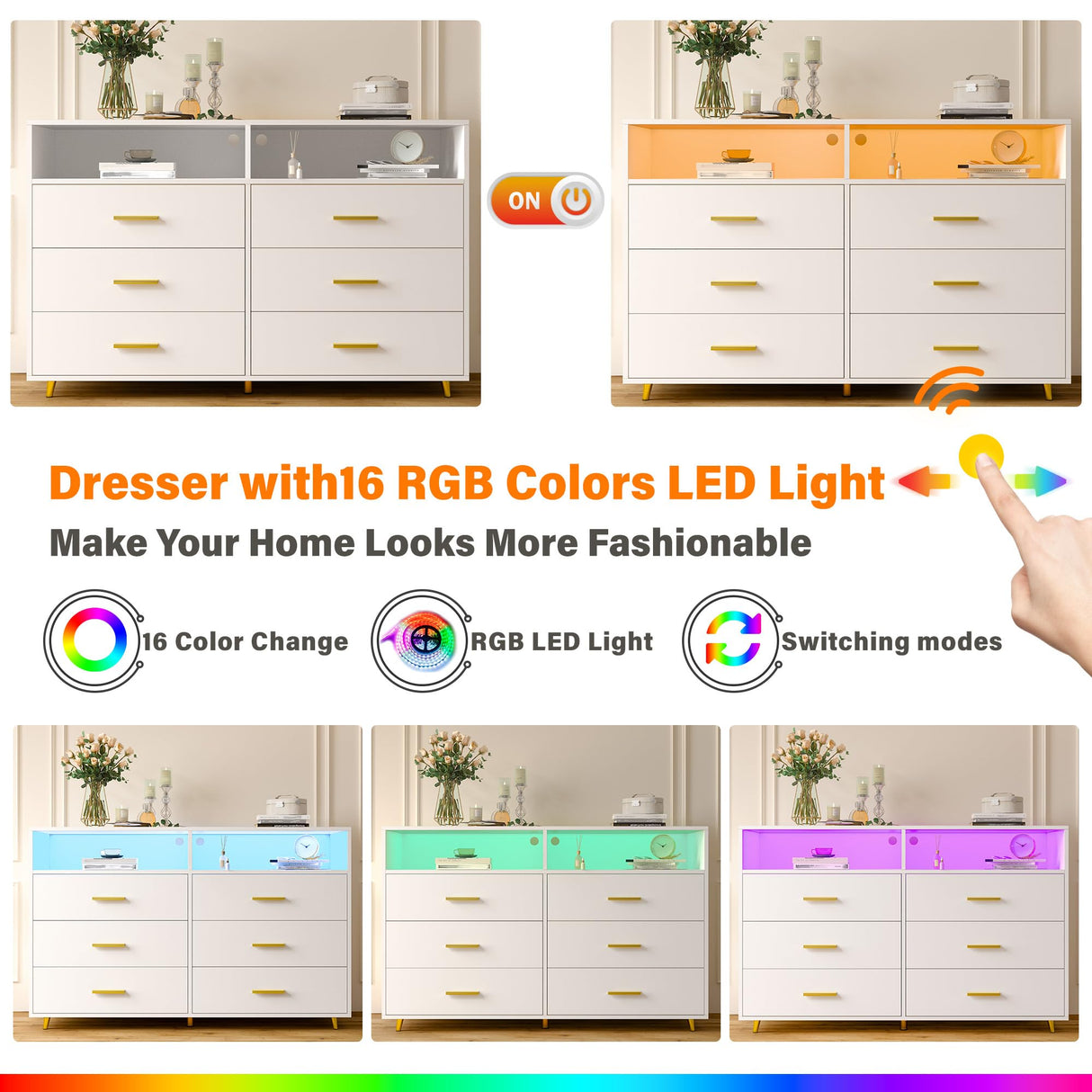 EnHomee Wooden Dresser for Bedroom with LED Lights, 47.3" W White Dresser for Bedroom, 6 Drawer Dresser TV Stand, Modern Dresser with Large Organizer for Bedroom, Living Room, Hallway, White EnHomee
