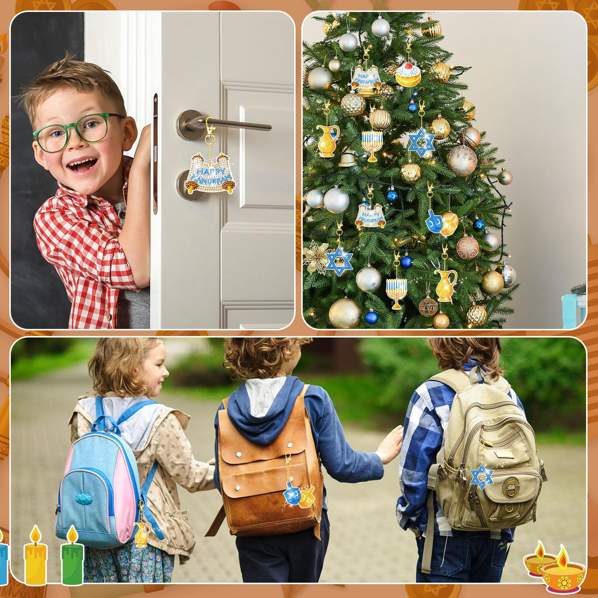 DEEKIN 30 Pcs Hanukkah Diamond Painting Keychains Hanukkah Crafts Ornaments Keychains Double Sided 5D Star Menorah Diamond Key Rings for Hanukkah DIY Birthday Party Supplies Favors Deekin