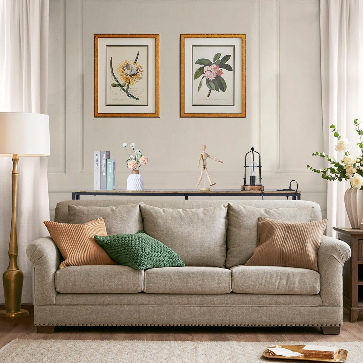 ELYKEN 5.9" Narrow Console Sofa Table with Power Outlets, 5.9" Dx63 Wx31.5 H Long Skinny Behind Couch Table with “X” Cross Metal Frame and Charge Station with 6.5’ Extension Cord, White Oak ELYKEN