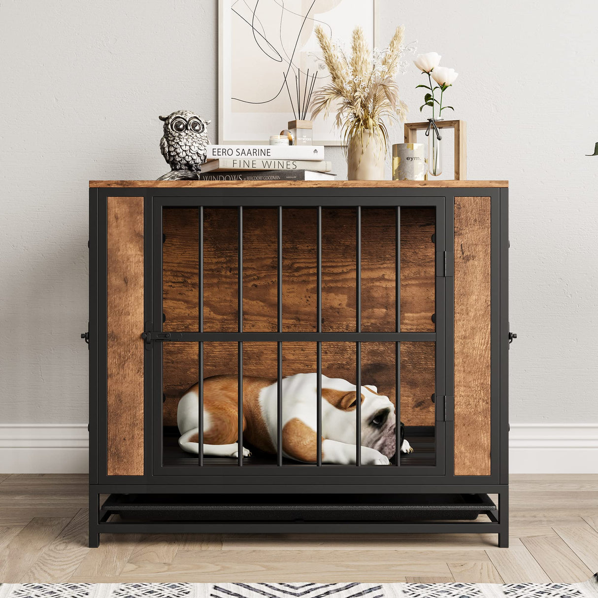 FOUBAM Dog Crate Furniture, Metal and Wooden Dog Crate, Dog Kennels with 3 Doors Indoor, Pet Puppy Crate End Table for Small Dog, Heavy Duty Dog House, Rustic Black and Brown FOUBAM
