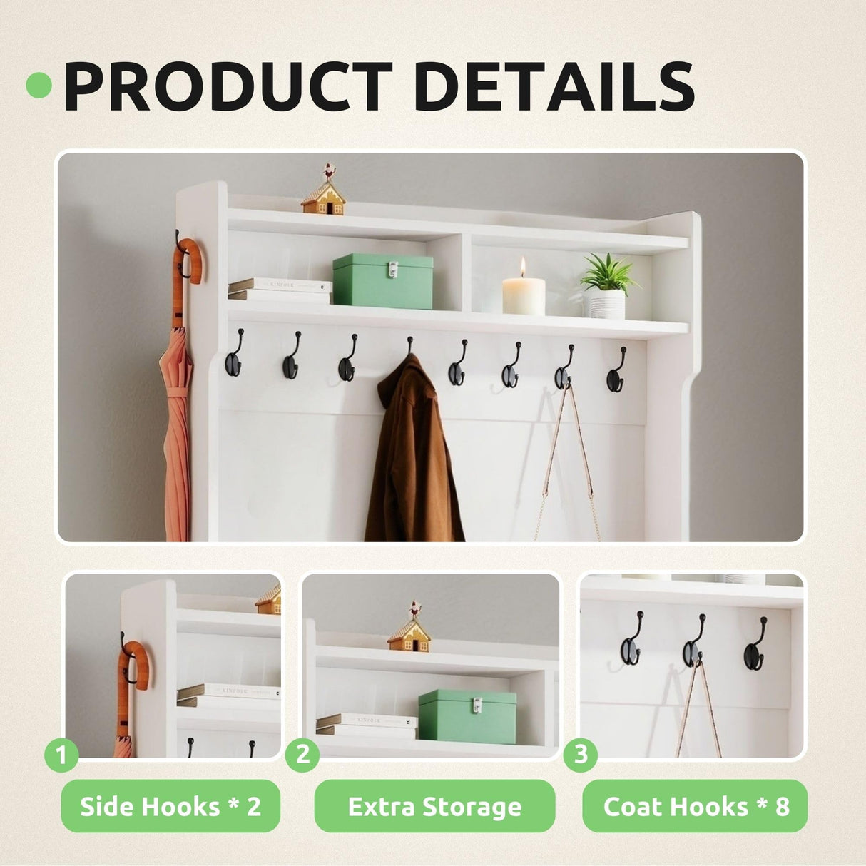 GOOBED Wide Hall Tree with 10 Shoe Cubbies & 10 Coat Hooks, 42" W Coat Rack with Entryway Bench, Shoe Storage Cabinet with Adjustable Shelves for Hallway (White) GOOBED