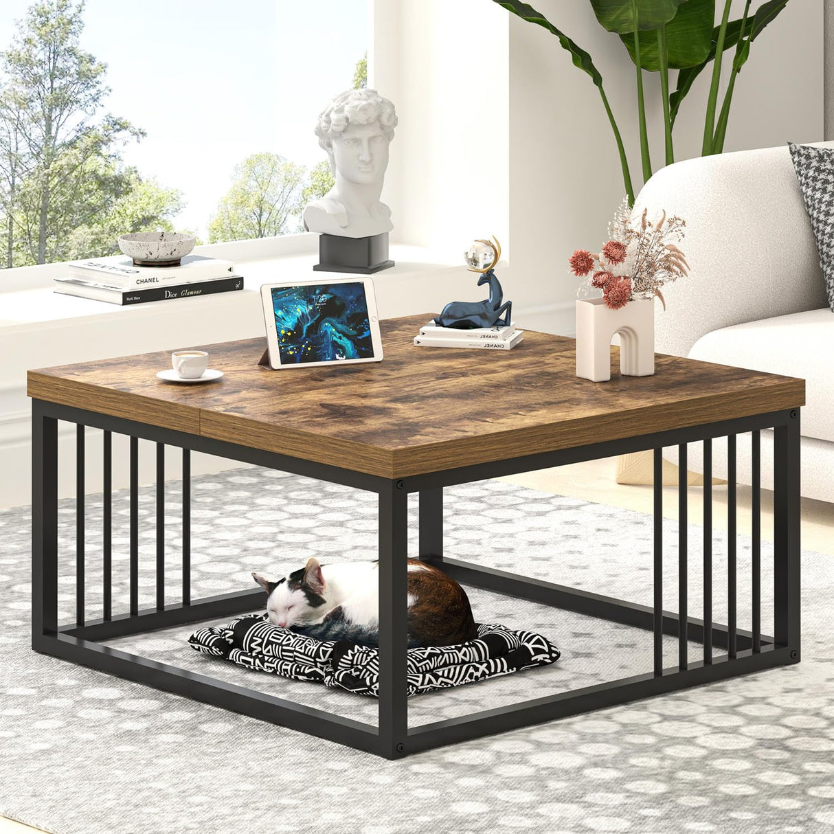 FOLUBAN Modern Coffee Table, Square Center Table for Living Room, Industrial Rustic Wood and Metal Cocktail Tea Table, 31.5 Inch, Brown FOLUBAN
