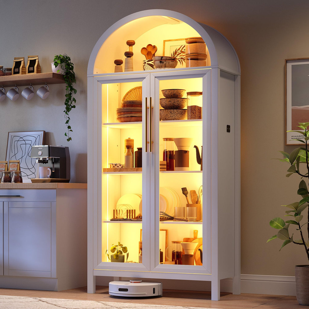 Dystler Arched Kitchen Pantry Cabinet with Glass Doors, Display Curio Case with 3 Color LED Lights for Collectibles, Modern 5-Tier Storage Hutch Cabinet, White Dystler