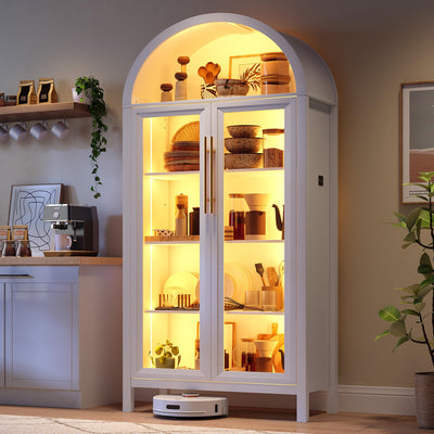 Dystler Arched Kitchen Pantry Cabinet with Glass Doors, Display Curio Case with 3 Color LED Lights for Collectibles, Modern 5-Tier Storage Hutch Cabinet, White