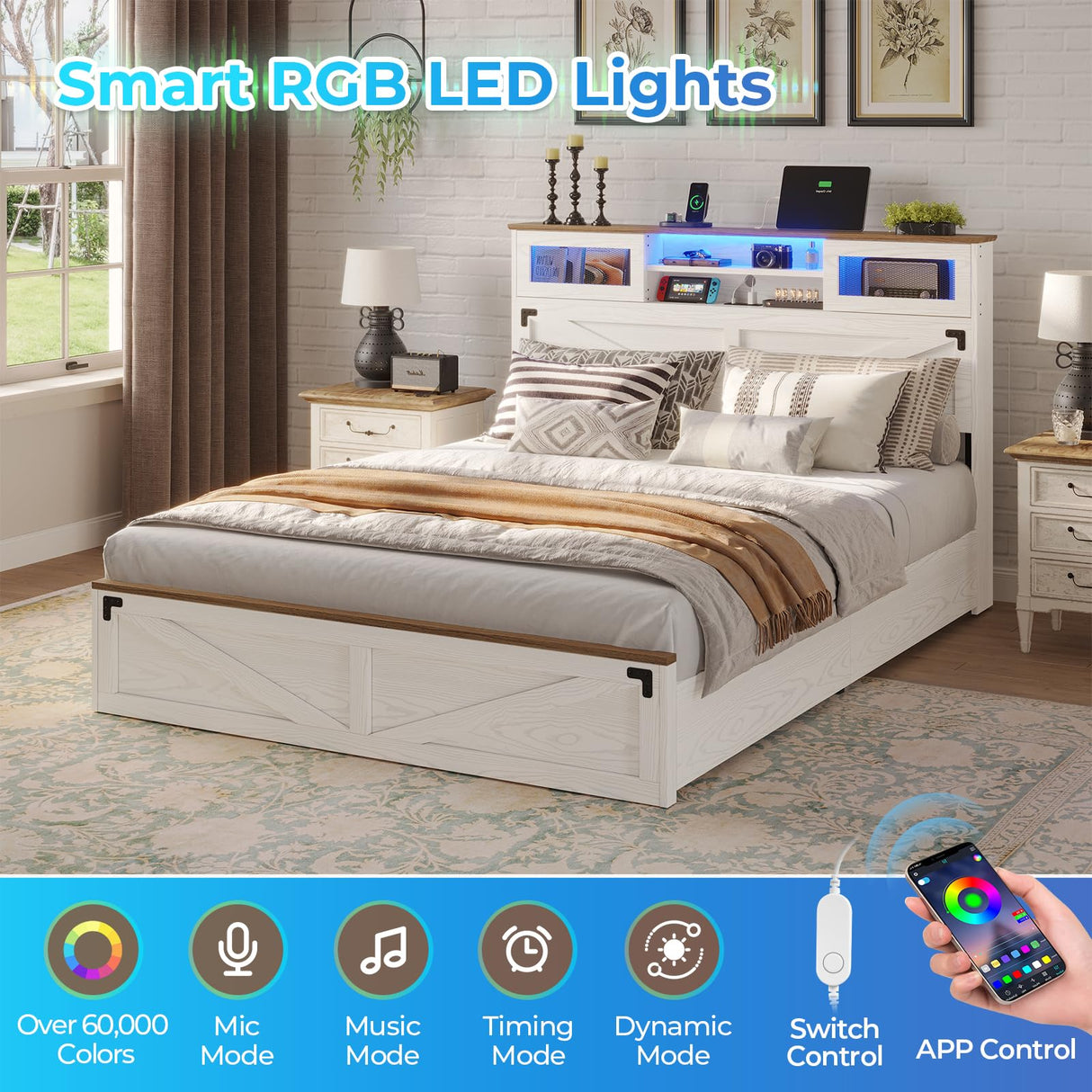 Hasuit Queen Size Farmhouse Bed Frame with Bookcase Headboard, LED Lights, Charging Station, and 2 Drawers in White Hasuit