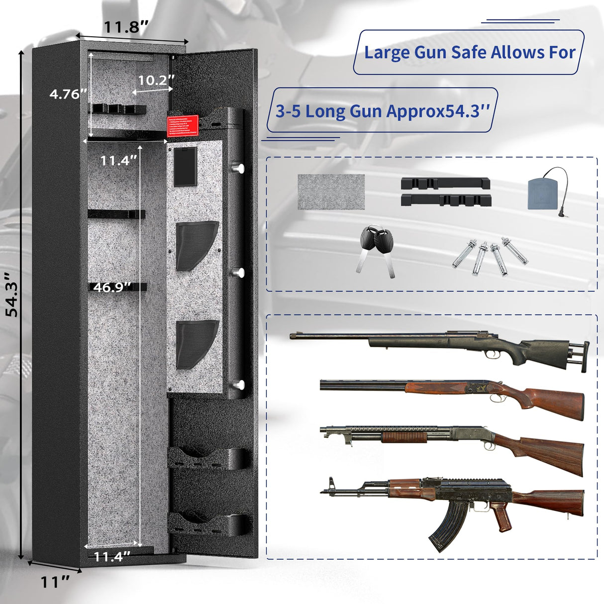 Greenvelly 6-8 Gun Safe for Rifles and Pistols, Rifle Safe with Keyboard Lock, Gun Cabinet for Rifles and Shotguns, Quick Access Fireproof Gun Safe with Pocket and Gun Rack for Home, Black Greenvelly
