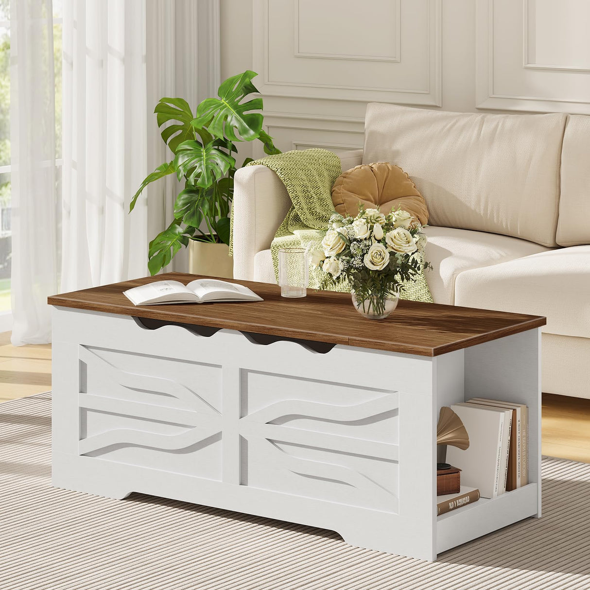 HOOBRO Farmhouse Storage Bench, Toy Box with Safety Hinges, Wooden Storage Chest with Side Storage Cubby, 47.2''L x 15.7''W x 19.5''H, for Entryway, Bedroom, Living Room, White and Walnut WH96CW01 HOOBRO