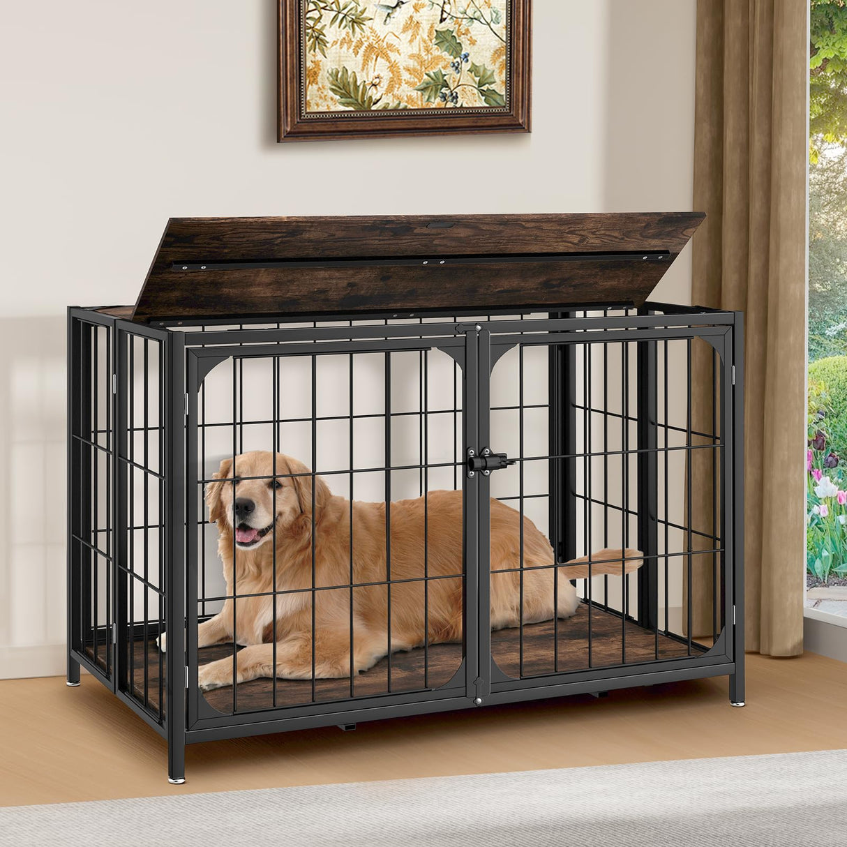 Himix Dog Crate Furniture, XL Dog Crate Furniture for Large Medium Dogs, Wood Dog Crate Table with Sturdy Metal, Heavy Duty Dog Kennel Indoor 40.15''x 25''x 27.56'' (Rustic Brown) Himix