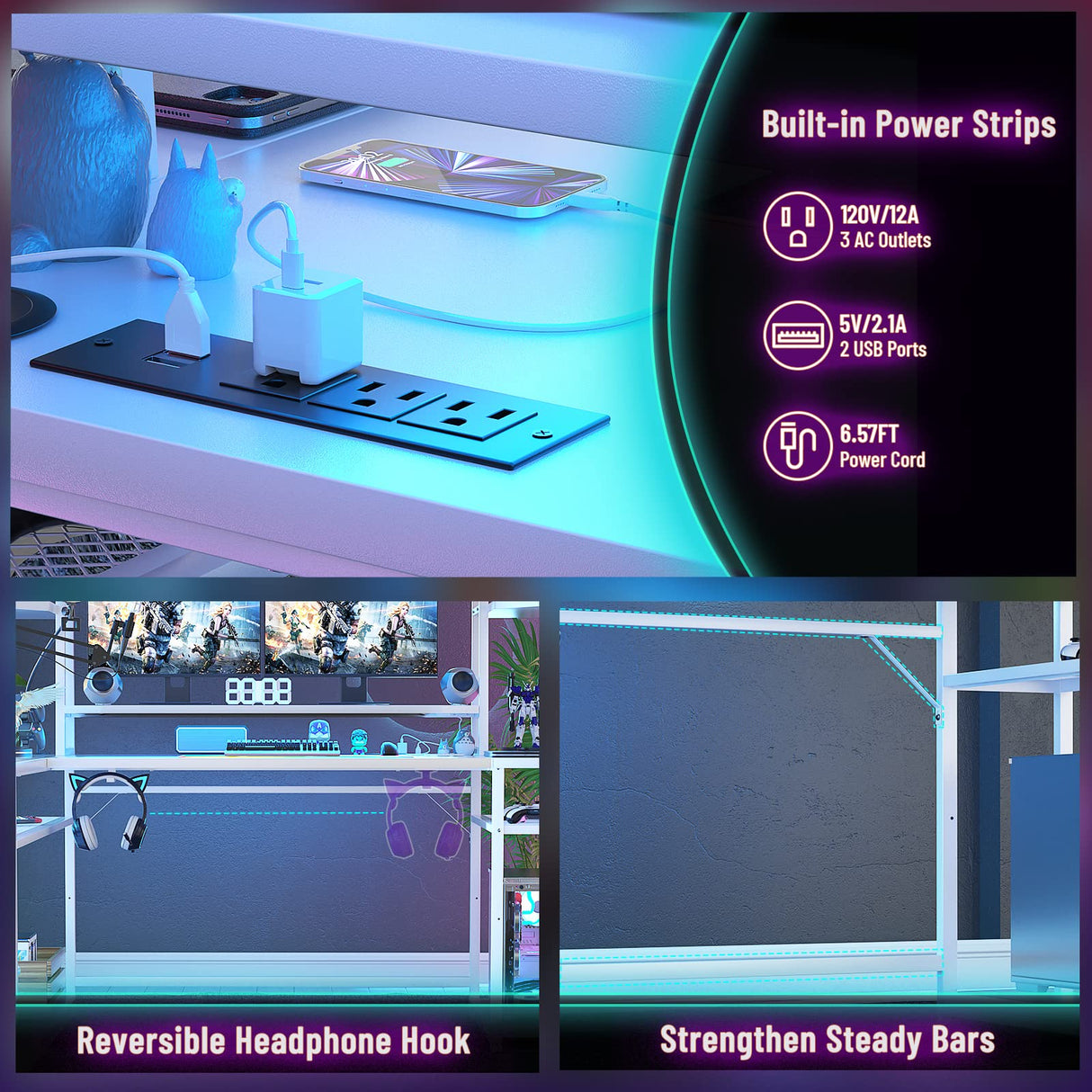 armocity L Shaped Gaming Desk with LED Lights & Power Strips, 63'' Reversible Gaming Table Desk with Hutch, L-shaped PC Gaming Desk with Storage, L Gamer Desk with Monitor Stand & Hook, White armocity