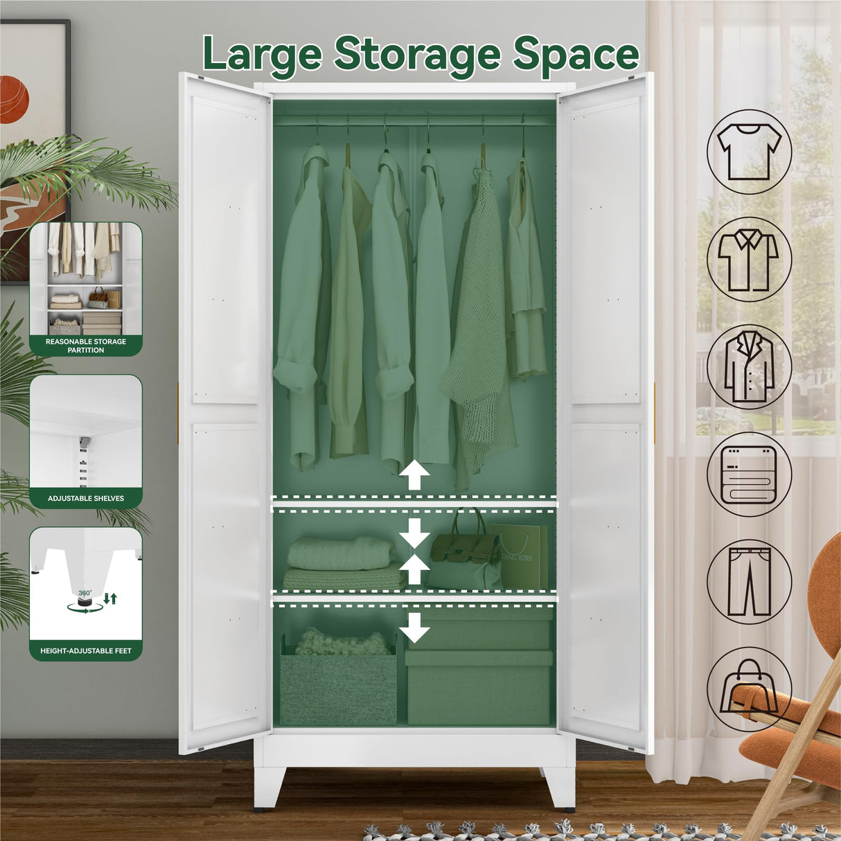Metal Wardrobe Closet with Doors and Shelves, 71" Farmhouse Bedroom Armoire with Hanger Rod and Clothing Shelf, White Steel Wardrobe Cabinet Storage Clothes Closet Bevivog